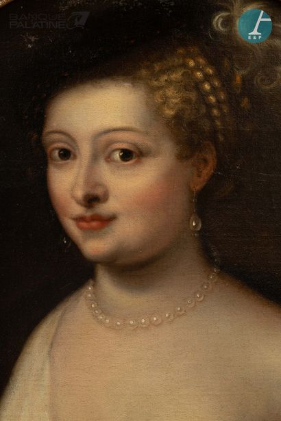  Ecole FLAMANDE vers 1700, d'après TIZIANO Portrait de femme portant un chapeau à...