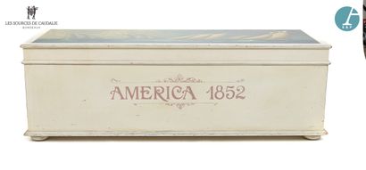null White lacquered wood chest, the top decorated with a sailboat race, on the front...