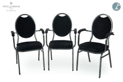 null Lot de 6 fauteuils, structure en métal tubulaire laqué noir à section carrée,...