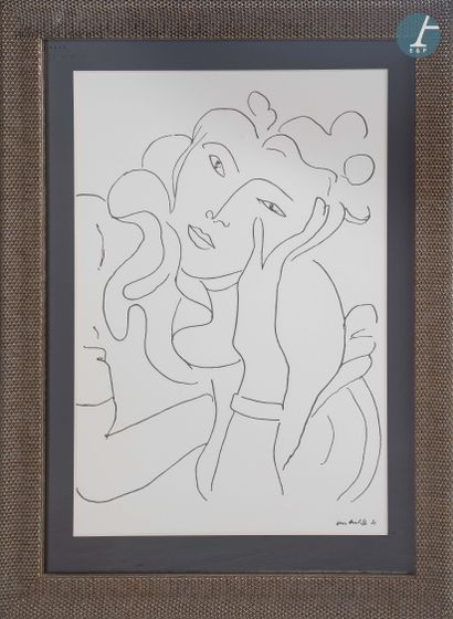 null Henri Matisse, Esquisse de femme accoudée, reproduction, cadre en bois argenté...