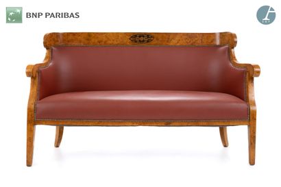 null Suite of two bergères, two chairs and a sofa in burr wood and marquetry; (belts...