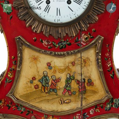 null Painted wooden cartel with chinoiseries and flowers on a red background, gilded...