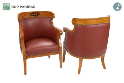 null Suite of two bergères, two chairs and a sofa in burr wood and marquetry; (belts...