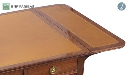 null SOLD BY DESIGNATION
Mahogany desk with flaps and pedestal base with runners...