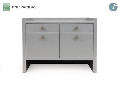 Low storage cabinet in taupe melamine, opening...