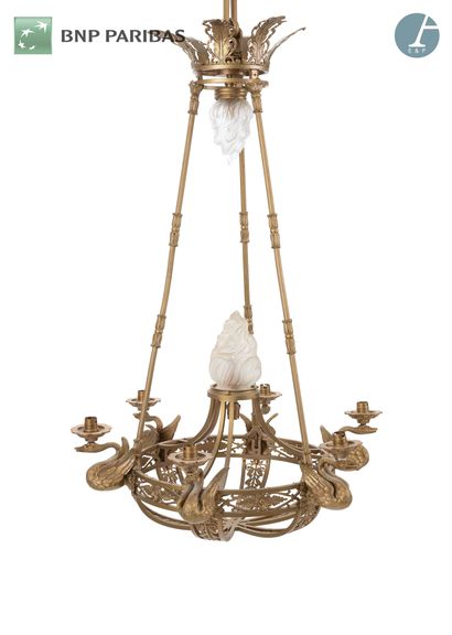 null Chandelier in chased and gilded bronze, with six arms of lights, decorated with...