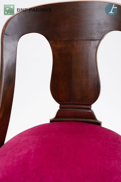 null Series of four gondola chairs in molded and carved mahogany. The seat in burgundy...