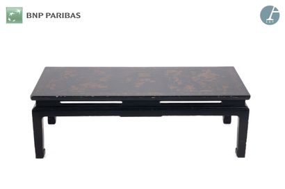 null Coffee table in black lacquered wood decorated with animated landscape on the...