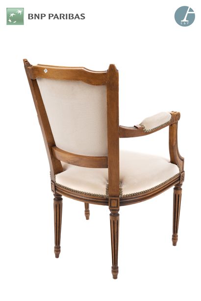 null Armchair in natural wood, molded and carved, tapered and fluted legs, beige...