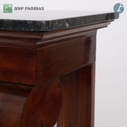 null Mahogany veneer and natural wood wall console, the rectangular top resting on...