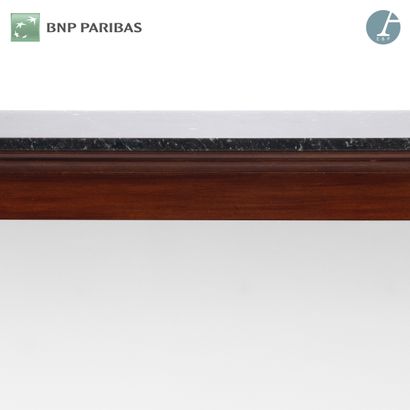 null Mahogany veneer and natural wood wall console, the rectangular top resting on...