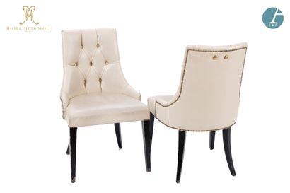 null From Café Métropole (Brussels):
Pair of chairs, natural wood legs, upholstered...