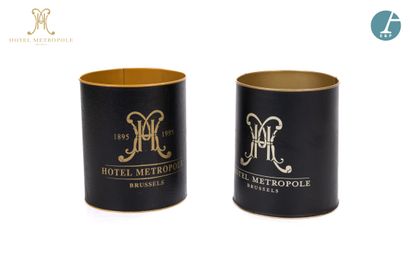 null From the Hotel Metropole (Brussels): 
Lot of five metal and faux leather wastepaper...