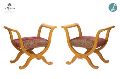 null From Hôtel Le Meurice.
Pair of curule chairs in wood and blond wood veneer,...