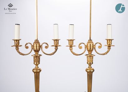 null From Hôtel Le Meurice.
Pair of chased and gilded bronze lamp bases, with two...