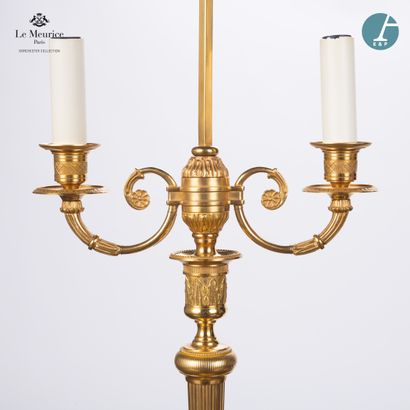 null From Hôtel Le Meurice.
Pair of chased and gilded bronze lamp bases, with two...