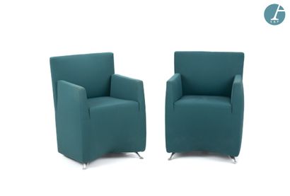 null BALERI ITALIA.
Set of four armchairs, two upholstered in duck-blue fabric and...