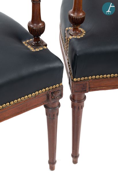 null Set of three molded and carved mahogany armchairs, barrette back, concave armrests...