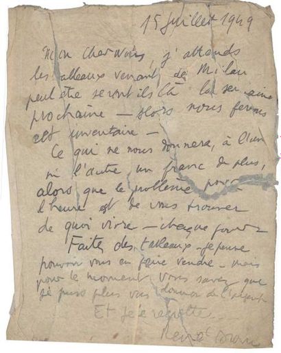 null Lettre manuscrite de René Drouin (1905-1979) adressée à Wols le 15 juillet 1949...