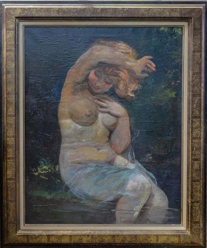 null Ecole de la fin du XIXe "Jeune femme au bain" Huile sur toile. 92x73 cm