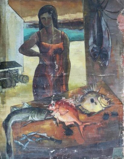 null Paul KEROUEDAN (XX) "Femme en rouge et poissons" huile sur toile. Non signée....