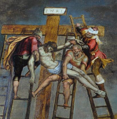 null Michel du JONCQUOY (1526-1606) "Descente de Croix" Huile sur panneau parquetée...