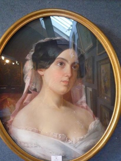 null Portrait de Melle Jeaunez Circa 1830, pastel ovale. 55,5 x 46,5 cm à vue. Légères...