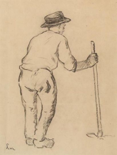 Maximilien LUCE (1858-1941) "Paysans au repos" Fusain sur papier beige, signé en...