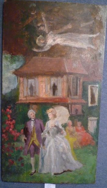 Ecole Française XIXe siècle "Les élégantes au jardin" Etude, huile sur panneau. 60...
