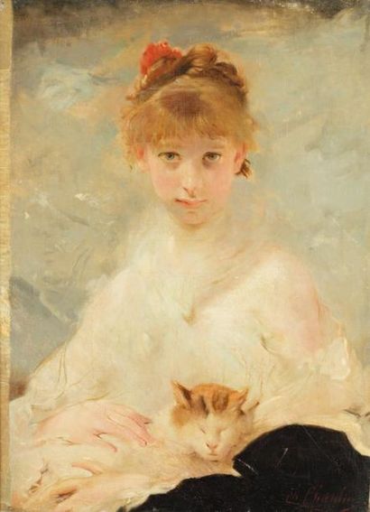 Charles CHAPLIN (1825-1891) "Jeune femme au chat" Huile sur toile, signée en bas...