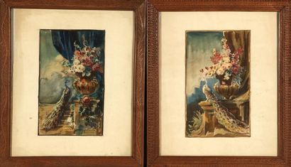 null Paire d'aquarelles dans le gout du XVIIIème. «Fleurs et paon» 30 x 18 cm