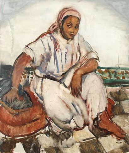 Monique CRAS «Femme tunisienne assise» Huile su panneau marouflé sur carton. Restauration...