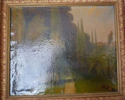 ECOLE FRANCAISE DU XIXème siècle "Bord de rivière", huile sur toile, monogrammé EP...