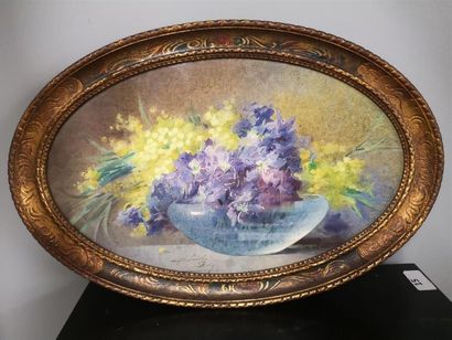 null Blanche ODIN (1865-1957) "Violettes et mimosas" aquarelle sur papier signée...
