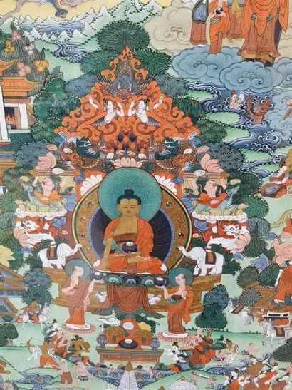 null [CHINE] Tanka, Peinture sur papier, représentant Bouddha entouré de ses disciples....