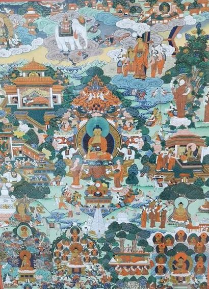 null [CHINE] Tanka, Peinture sur papier, représentant Bouddha entouré de ses disciples....