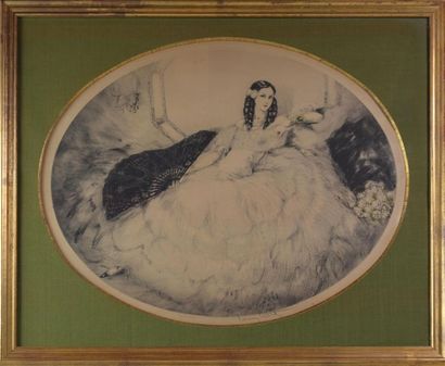 null Louis ICART (1888-1950) "Femme à l'éventail" Oval aquatint in colour signed...