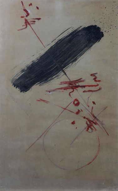 null ECOLE DU XXe "Composition in red and black" Oil on paper. Unsigned. 85.5 x 55.5...