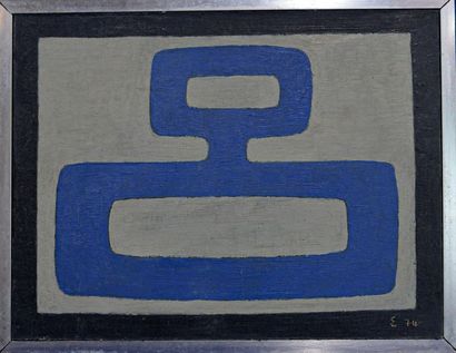 null Ecole du XXe "Forme abstraite en bleu" Huile sur panneau, Monogrammée "E" et...