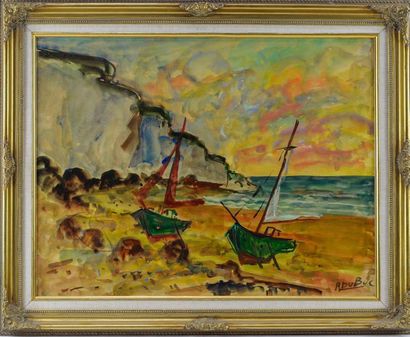null Roland DUBUC (1924-1998) "Bateaux et falaise, Normandie" Huile sur toile signée...