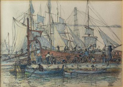 null Paul THOMAS (1868-1910) "Marseille - Vieux Port" Crayons sur papier, signé,...