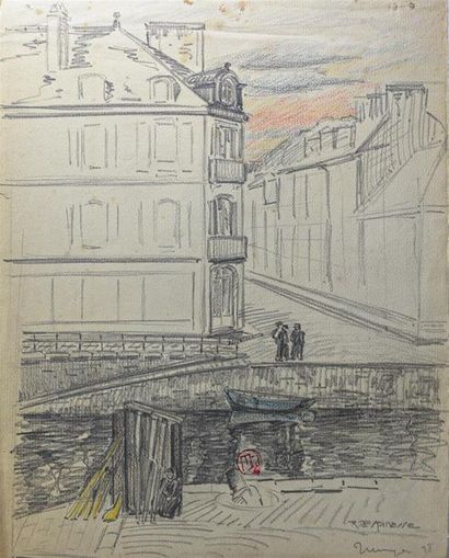 null Raymond ESPINASSE ( 1897- 1985) "Les quais de l'Odet à Quimper", Drawing in...