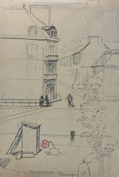 null Raymond ESPINASSE ( 1897- 1985) "Quai de l'Odet à Quimper" Drawing in black...