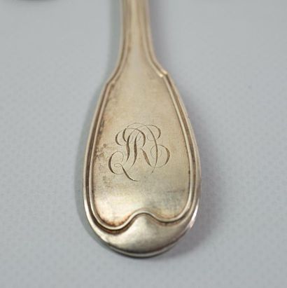 null SET of TEN silver soup spoons monogrammed and mismatched. Very similar models....