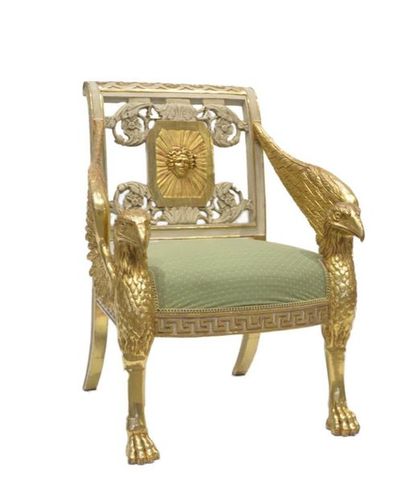 null IMPORTANT FAUTEUIL made of carved wood and painted and gilded stucco, the armrests...