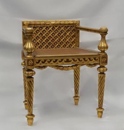 null WOODEN AND GOLDEN stucco FAUTEUIL with wide cane seat and reduced rectangular...
