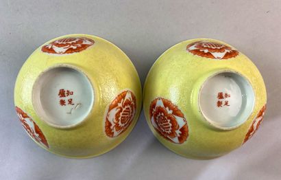 null CHINE - début XXe siècle

Paire de bols en porcelaine émaillée jaune et sgraffiato...