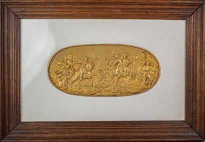 null DEUX PLAQUES en métal doré repoussé figurant Napoléon III et Alexandre, Travail...