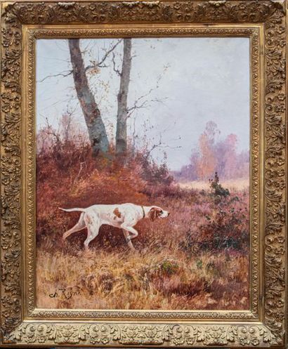 null ECOLE FRANCAISE début XXe. "Chiens de chasse" Paire d'huiles sur toile signées...