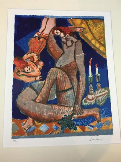 null Théo TOBIASSE (1927-2012) 
"Femme aux bas", lithographie en couleurs, signée...